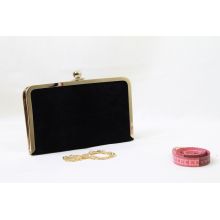 Top Klips Sarı Metal Çerçeveli Dikdörtgen Pörtföy Çanta Siyah Süet